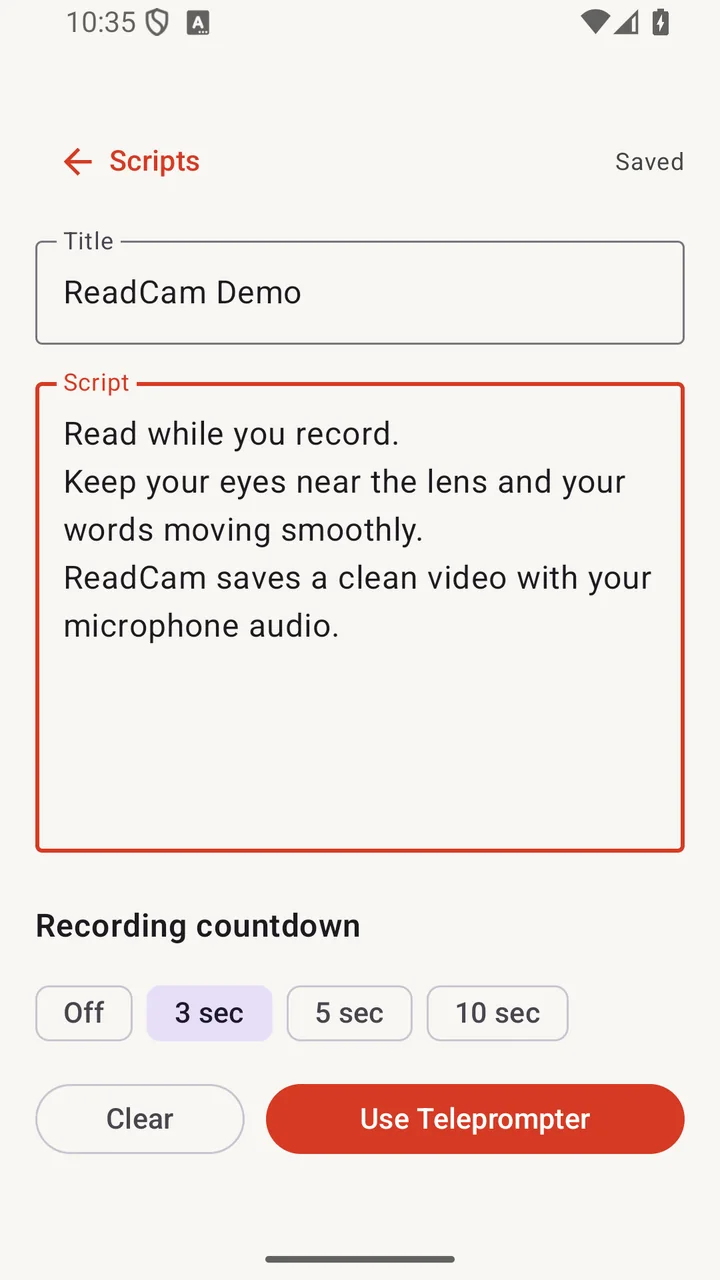 ReadCam script editor with text ready for recording