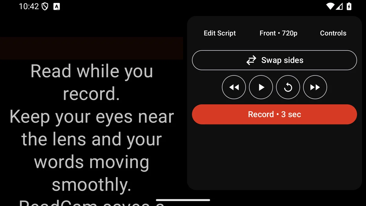 ReadCam teleprompter in landscape with controls placed beside the script